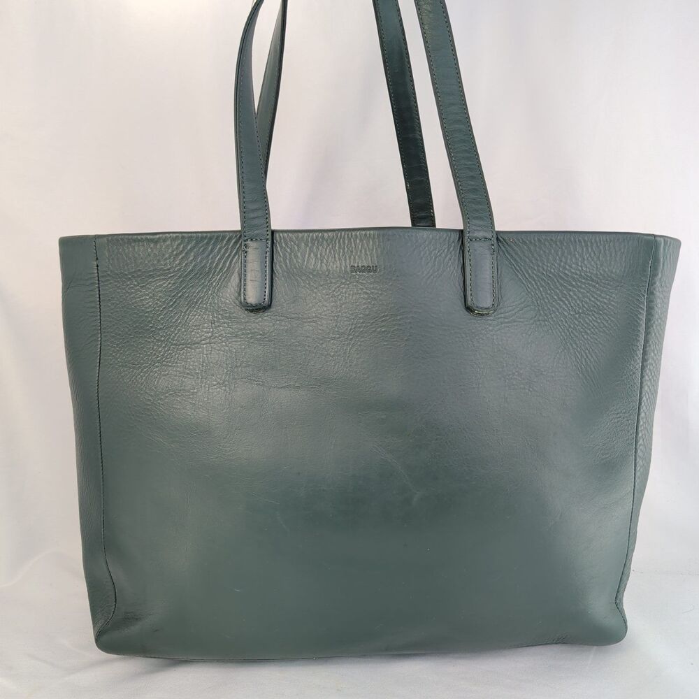 BAGGU Tote Bag Natural Milled Leather Dark Green Shoulder Carryall Made in USA
